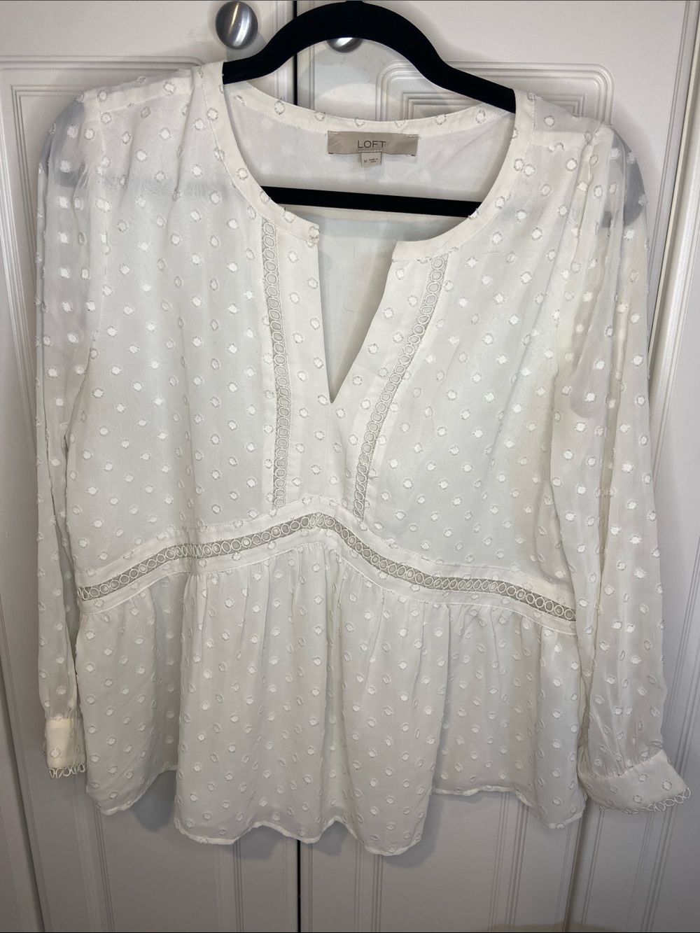 LOFT White Swiss Dot Peasant Tunic with Lace Trim